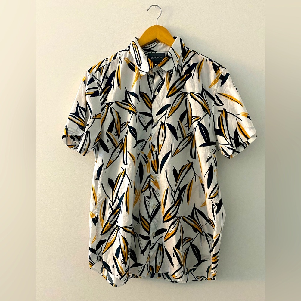 BONOBOS tailored slim fit LEAVES short sleeve button up shirt sz L LONG.